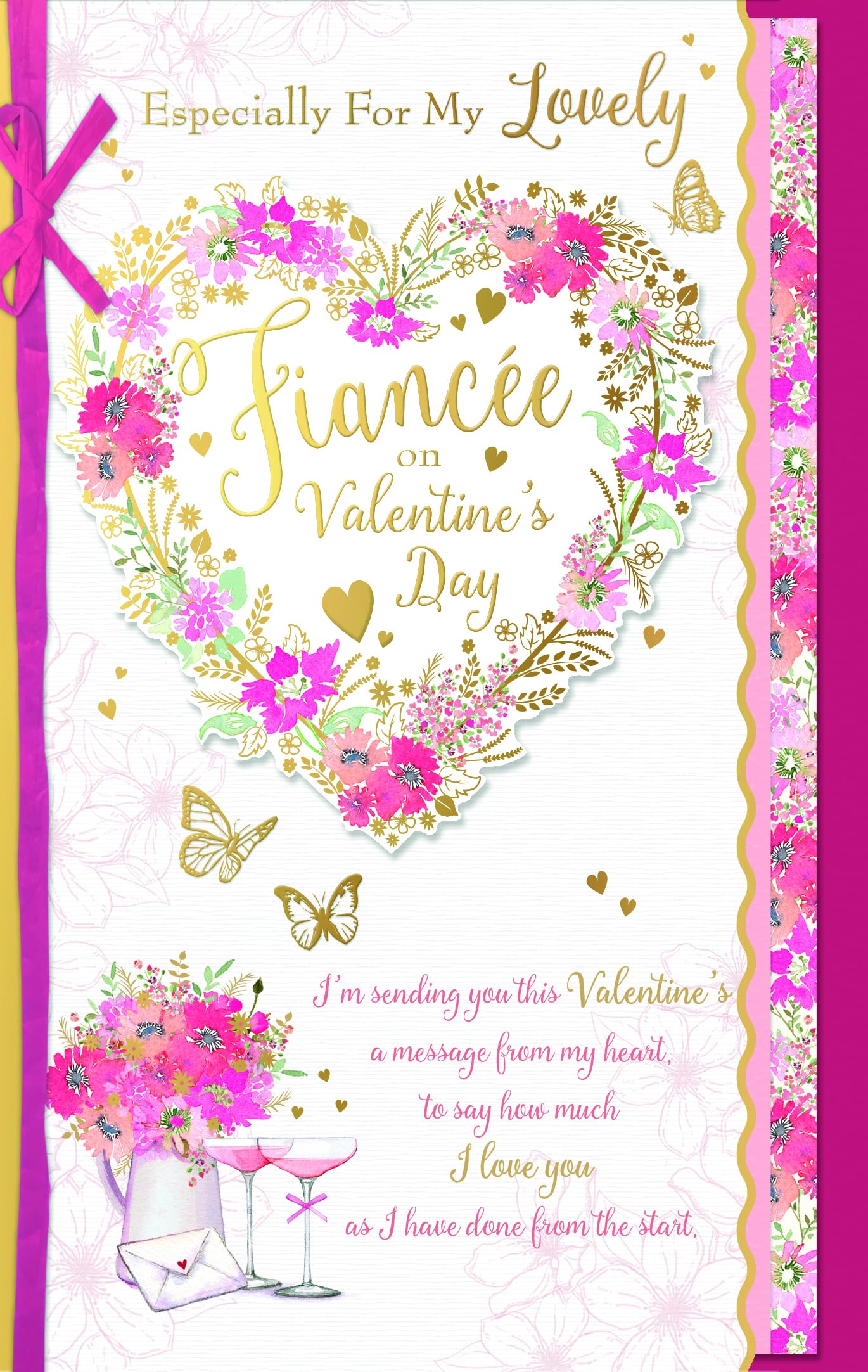 Wishing Well Studios Luxury Handmade Valentine's Day Card 'For My Lovely Fiancee' Gold Foil Floral Heart 3-D Effect Design, 7 x 11 Inches