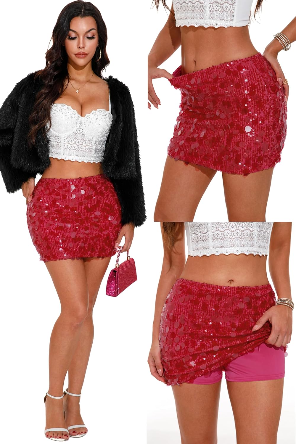GUANYY Women's Sequin Skirt Stretchy Bodycon Mini Sexy Sparkly Skort Glitter Shiny Night Out Party Skirt - Image 5