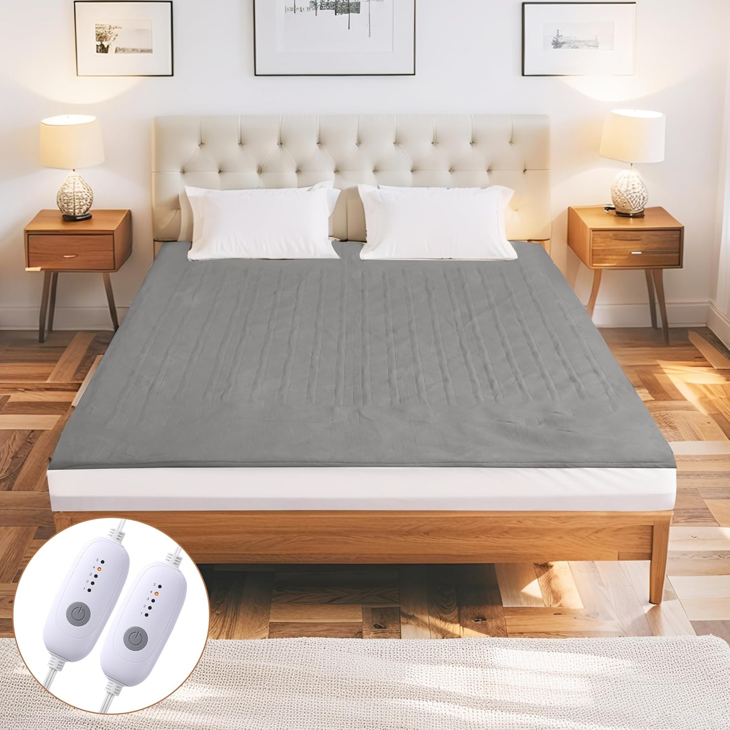 Electric Mattress Pad Queen Size 60"x80" with 10 Hours Auto Off 5Heat Setting Dual Controller Fit Up to 15 Inch Deep Pocket, Machine Washable - Gray 04-gray Queen