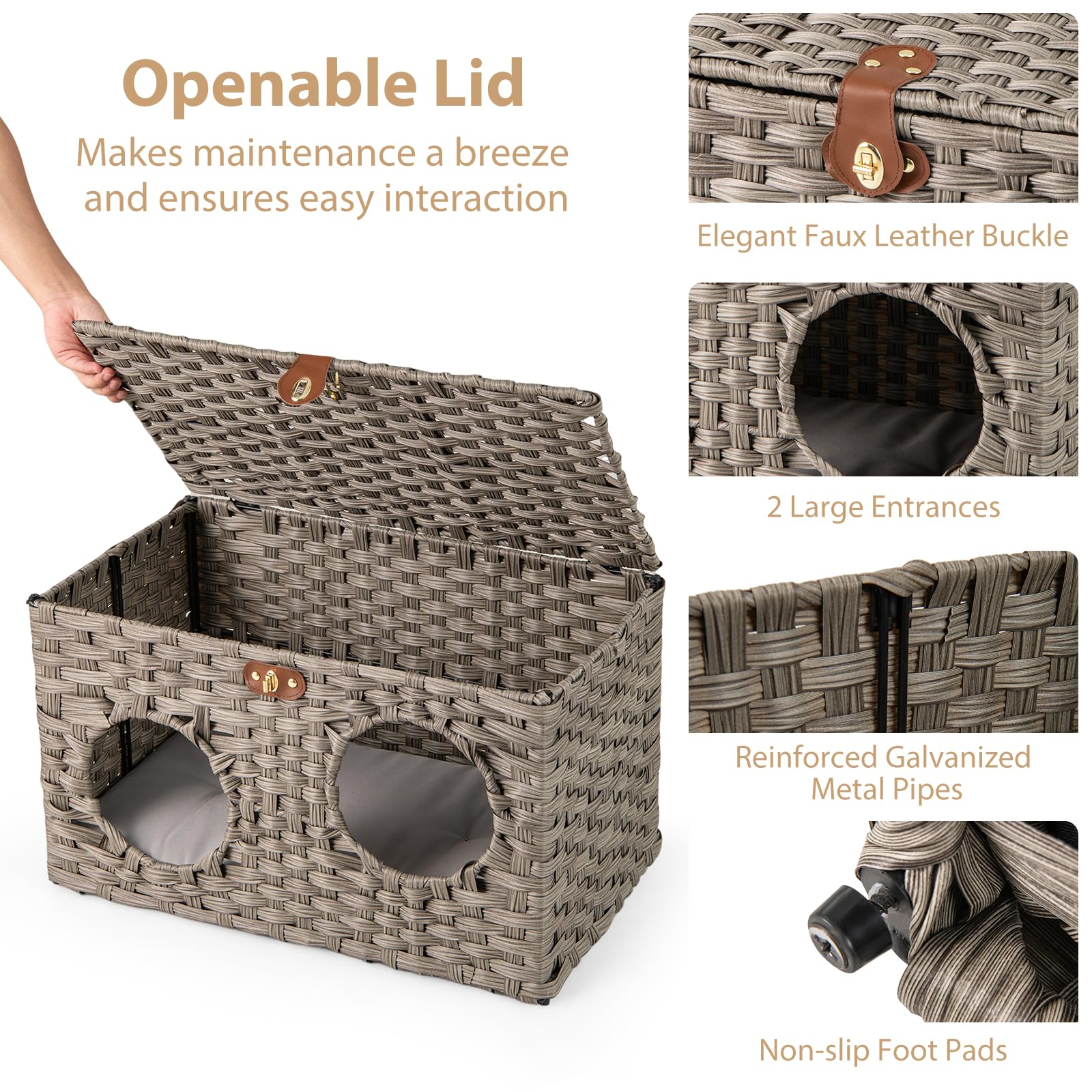 GYMAX Cuccia pieghevole per gatti, in rattan, con cuscino morbido lavabile e coperchio bloccabile, per interni, soggiorno e camera da letto (grigio, 60 x 35 x 35 cm)