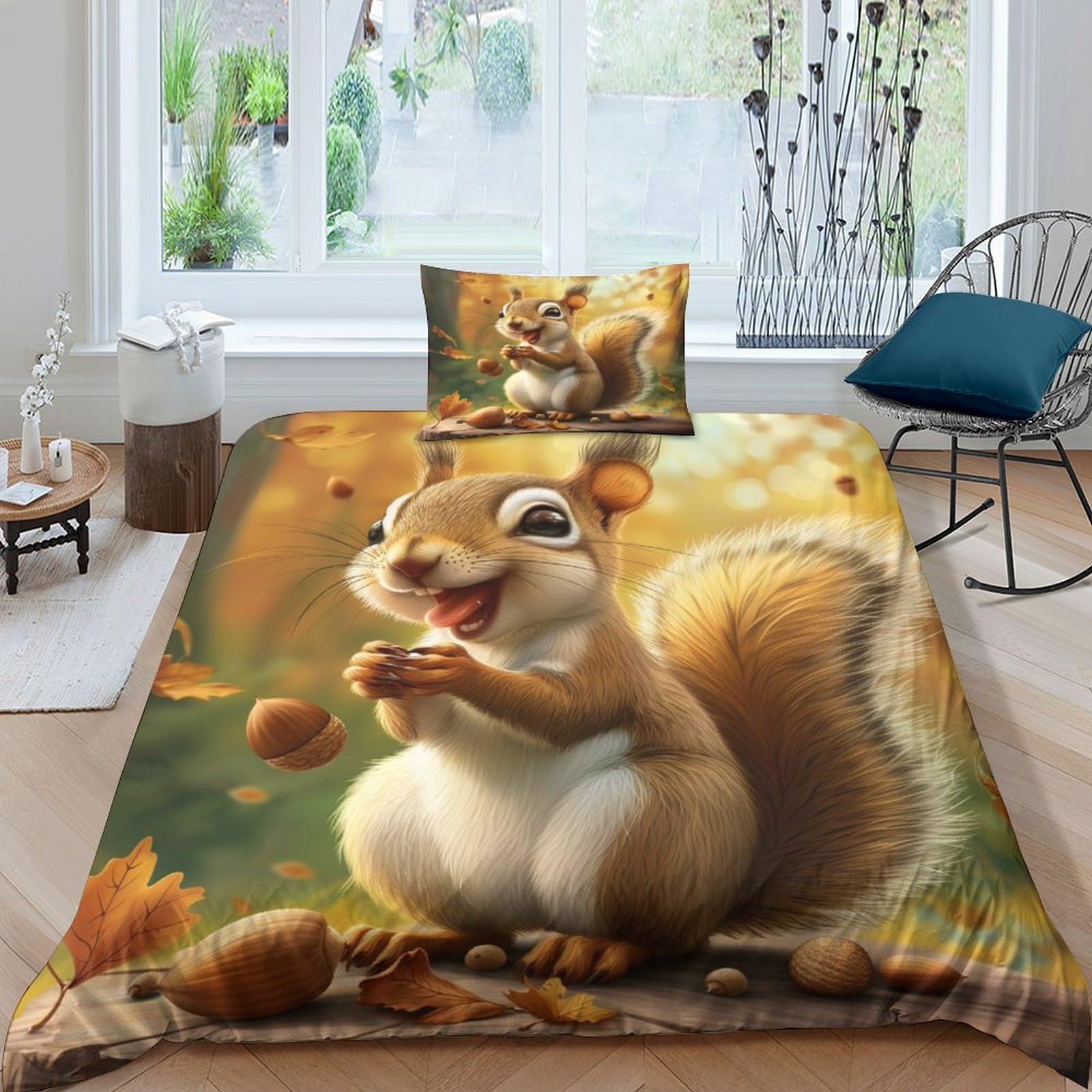 Housse de couette écureuils 3D 135x200cm en microfibre avec 2 taies