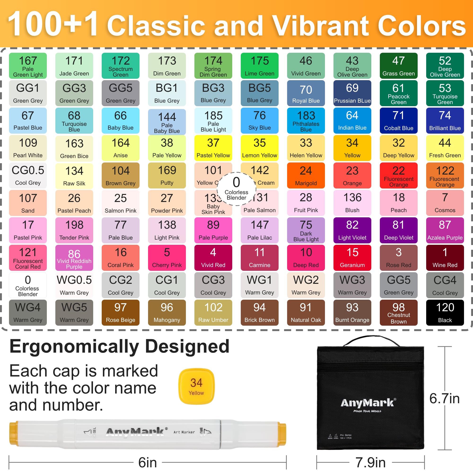 AnyMark Feutres Alcool 100+1 Couleurs à Pointe Pinceau