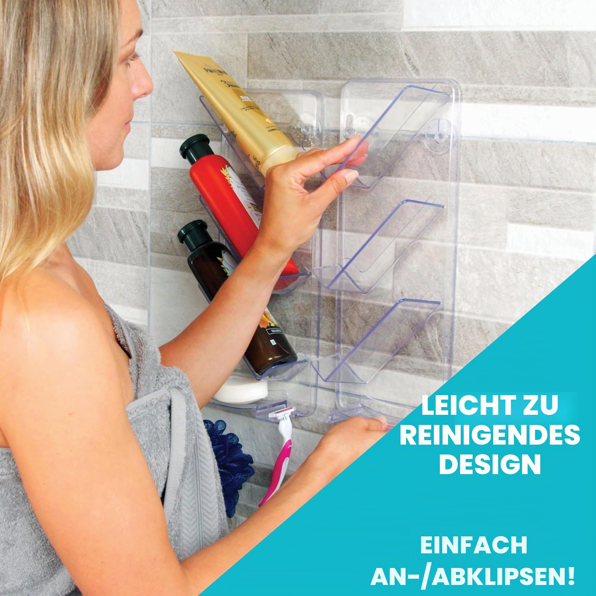 ShowerGem Acryl-Duschablage | 2er-Pack | Keine Saugnäpfe | Wandmontage mit ShowerGem-Kleber | Abnehmbar ohne Beschädigung | Leicht zu reinigender Bad-Organizer | Verstellbares Duschregal |