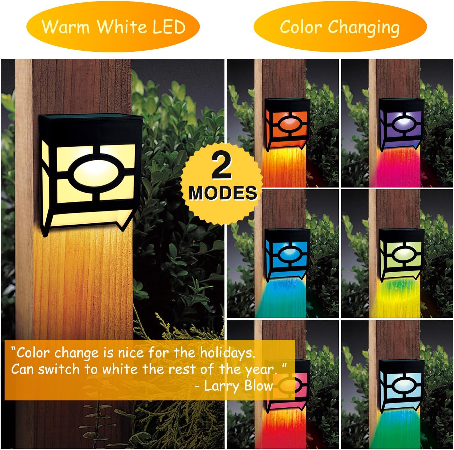 Greluna Solar Wall Lights Outdoor, 2 Modes Solar Led Waterproof Lighting for Deck, Fence, Patio, Front Door, Stair, Landscape, Yard and Driveway Path,Warm White/Color Changing,Pack of 8 - Image 2
