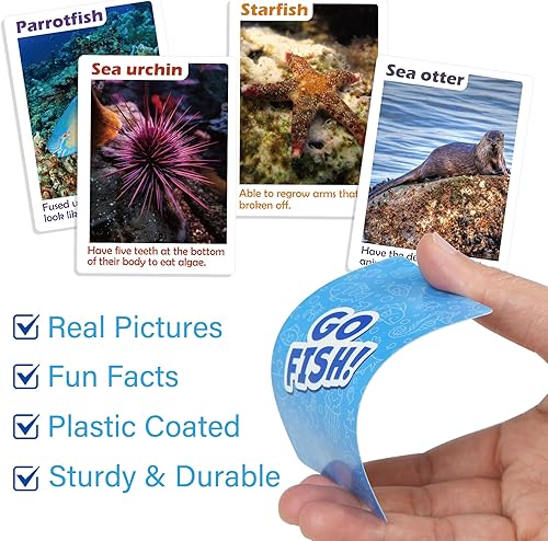 Miniatura 4 de BenBen Go Fish - Juego de cartas para niños, 104 tarjetas, juego de memoria con temática oceánica, cartas de aprendizaje de animales marinos,