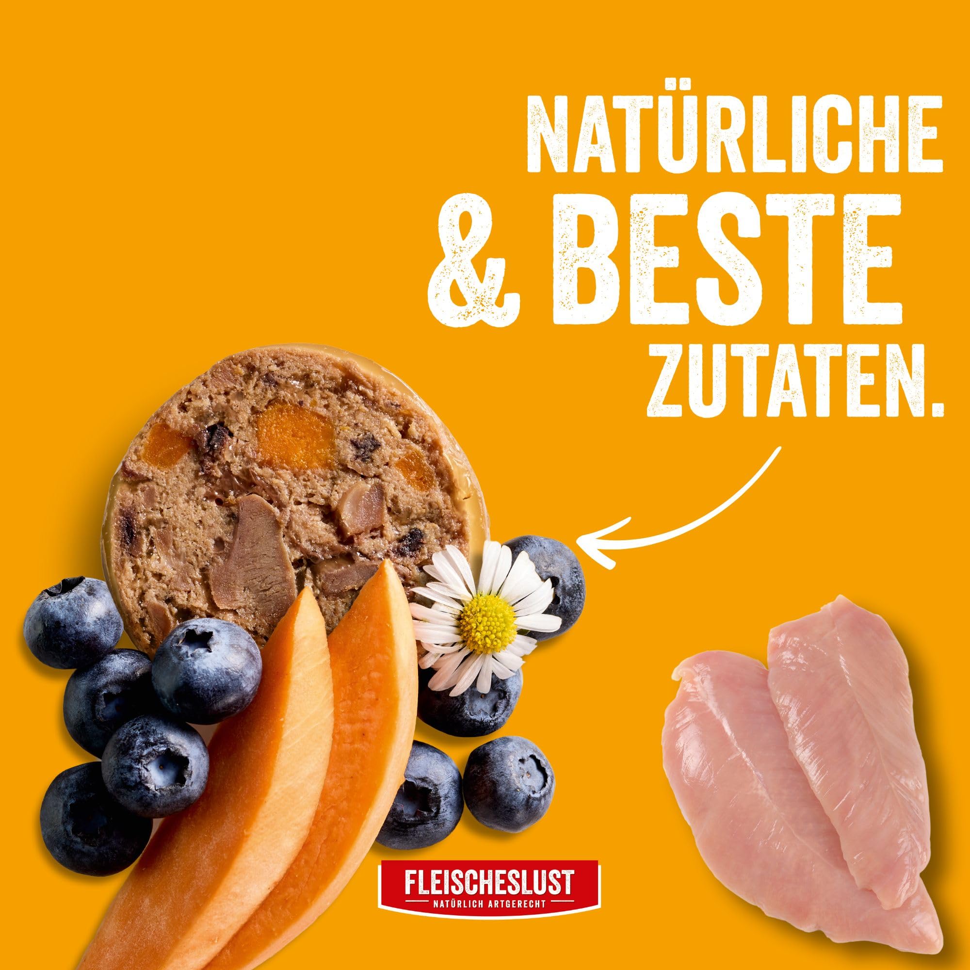 Fleischeslust Salchichas para perros, aves de corral finas con batata, arándanos y manzanilla como caja de alimentación (6 x 800 g), comida para perros, salchichas húmedas, resistente a cortes y sin