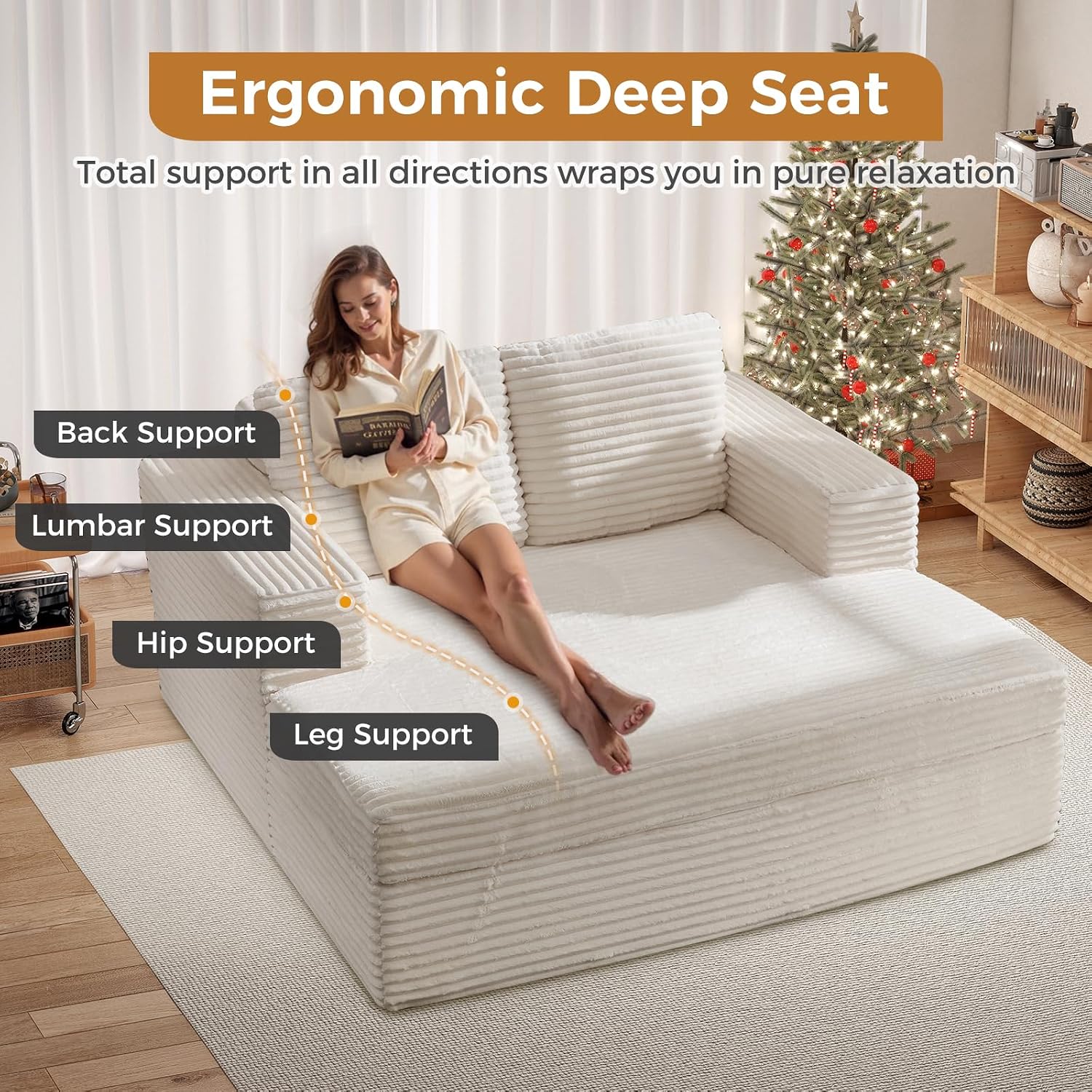 EBELLO 59" Chaise Lounge Chair, Oversized Corduroy Upholstered Boneless Sofa Bed with Throw Pillows, High-Density Foam Reading Sleeper Chair for Living Room, No Assembly Required, Beige