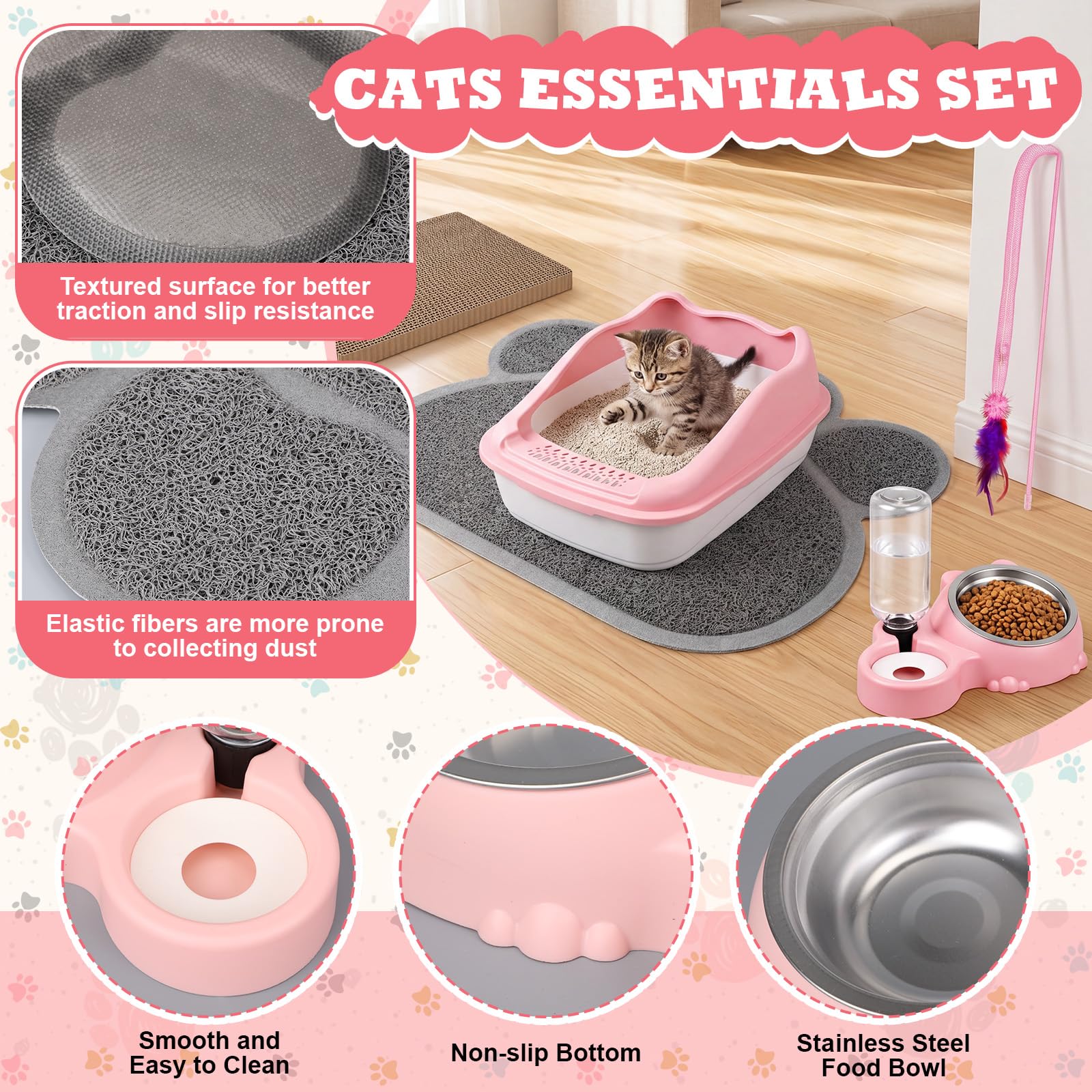 Kit de iniciación de 8 piezas de suministros para gatitos, kit de iniciación para gatitos para gatos, incluye caja de arena para gatos, cuencos, soporte plegable, accesorios de almohadilla