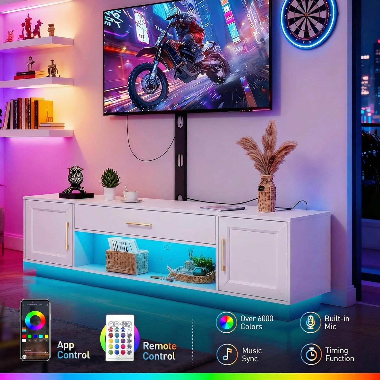 RALGEND 59" Modern TV Stand with Mount and Power Outlet, Swivel TV Stand for 32/55/65/75 inch TVs, Height Adjustable LED Entertainment Center, Media TV Console Table for Living Room, Bedroom, White