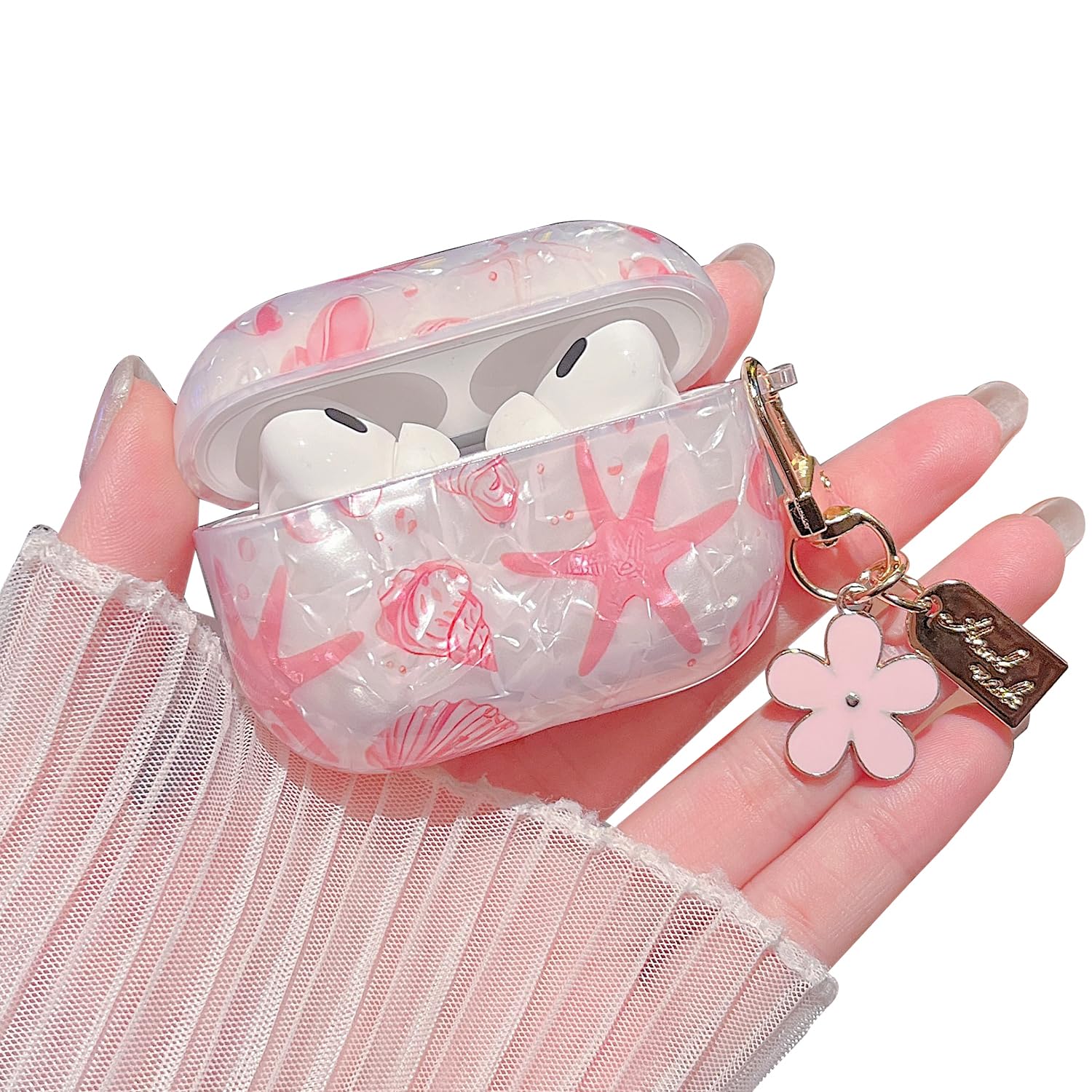 MINSCOSE for AirPods Pro 2nd/1st Generation Case,Cute Glitter Seashell and Starfish Pattern Design with Folral Keychain,Soft TPU Protective Cover for Girls Women for AirPods Pro/Pro 2-Pink