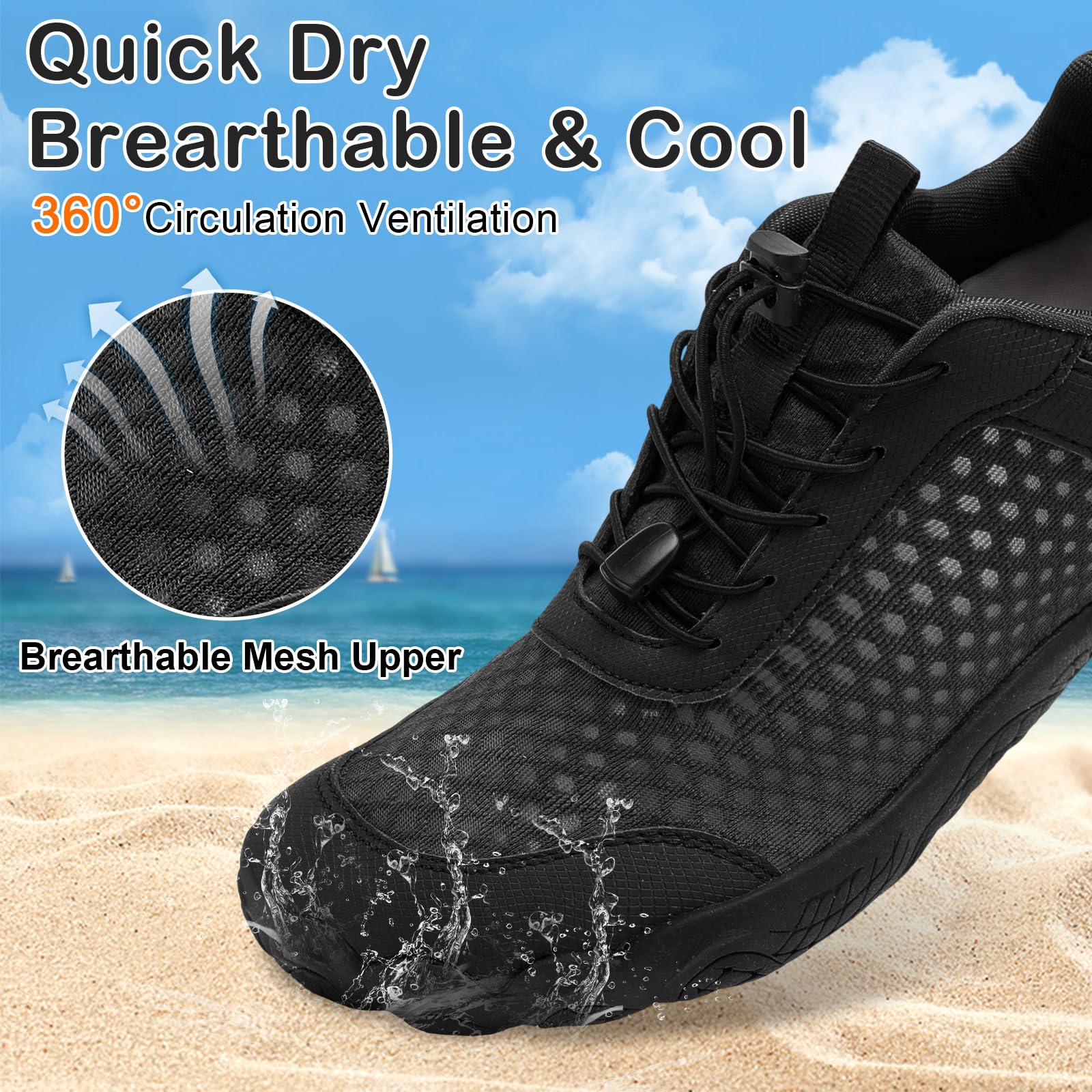 Women Mens Water Shoes Quick-Dry Breathable Aqua Sock Wide Toe Barefoot Shoes for Beach Swim Pool Kayaking Athletic Hiking Water Sports Shoes Black 7.5/6