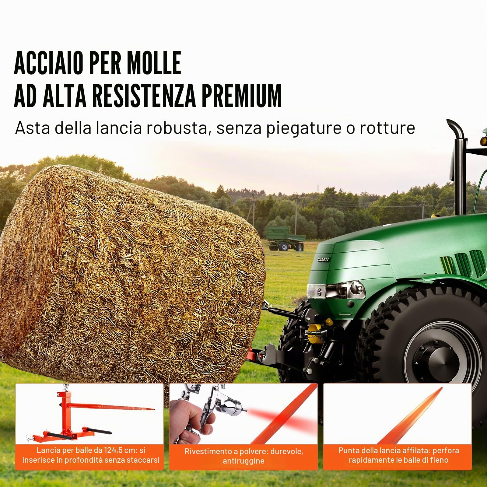 VEVOR Raccoglitrice per Balle di Fieno Capacità di Carico max. 725kg Forca per Balle 1250mm 3 Denti, Forche Chiodate Attacco per Benna con 2 Stabilizzatori per Trattori, Minipale, Agricoltori, Campi