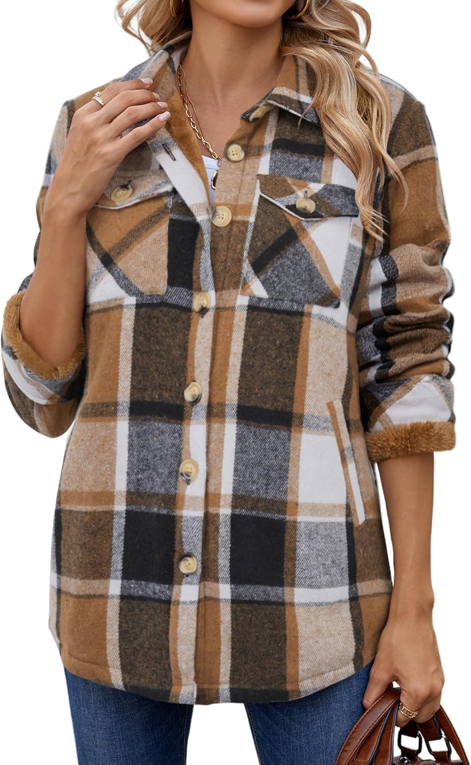 Zeagoo Women's Fleece Sherpa Jacket Casual Long Sleeve Button Down Flannel Shacket Shirt Winter Coat with Pockets