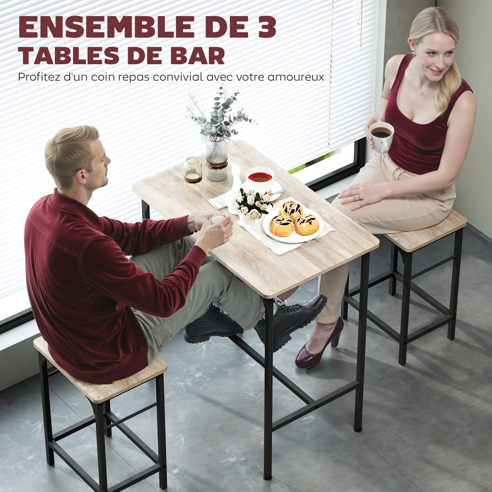 HOMCOM - Conjunto de Mesa de Bar con taburetes, Mesa de Comedor de pie con 2 sillas de Bar, Marco de Acero para Cocina, Comedor y Sala de Estar, Efecto Madera Natural