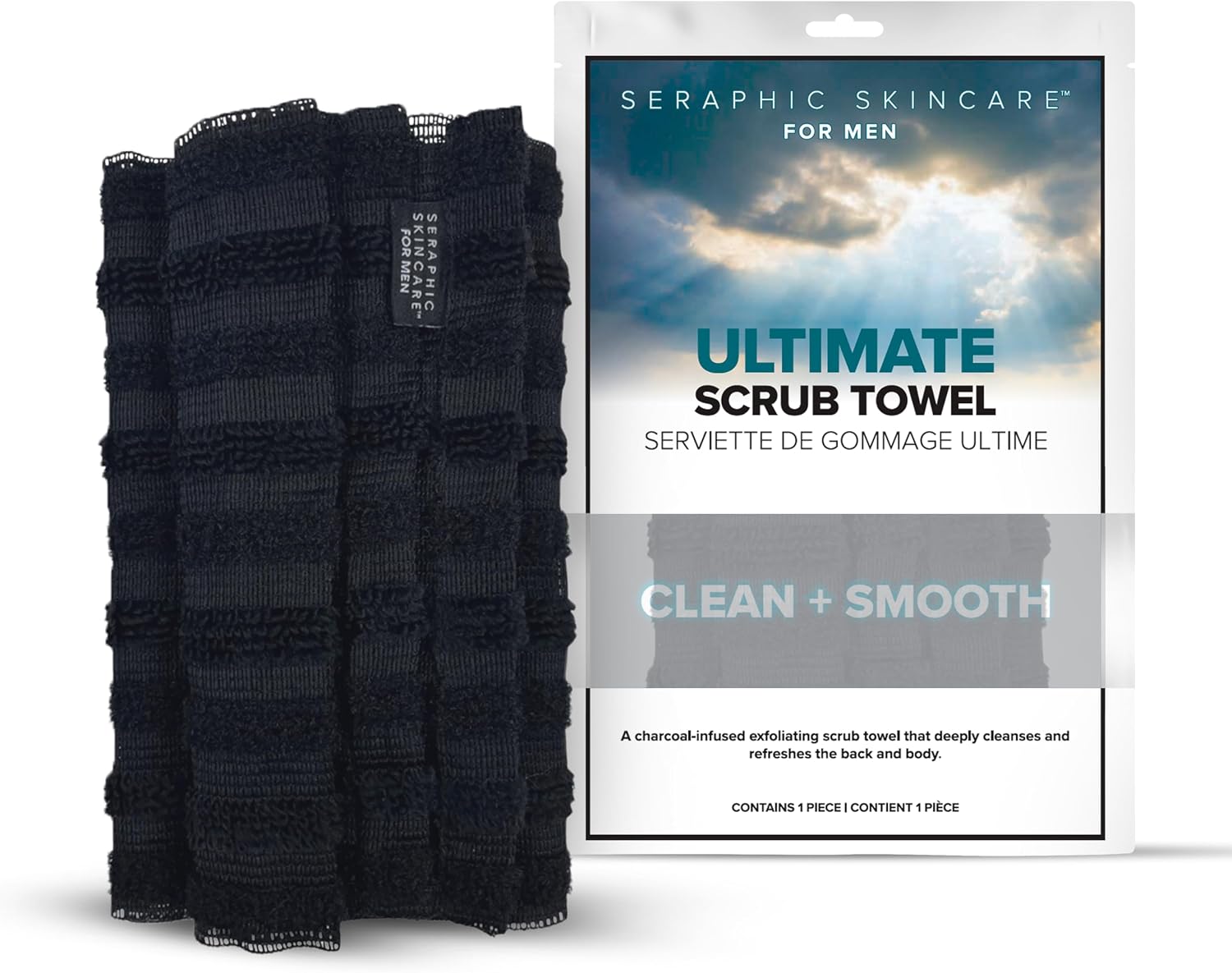 SERAPHIC SKINCARE Men Ultimate Exfoliating Towel Infused with Charcoal – Traditional Body Scrubber for Dry Skin, Bacne & Ingrown Hairs – Japanese-Style Loofah for Men (1 Pack)
