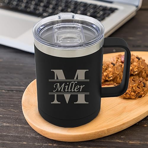 Miniatura 4 de Taza de café aislada de viaje personalizada y grabada de 15 onzas con asa y tapa, taza personalizada para llevar (negro)