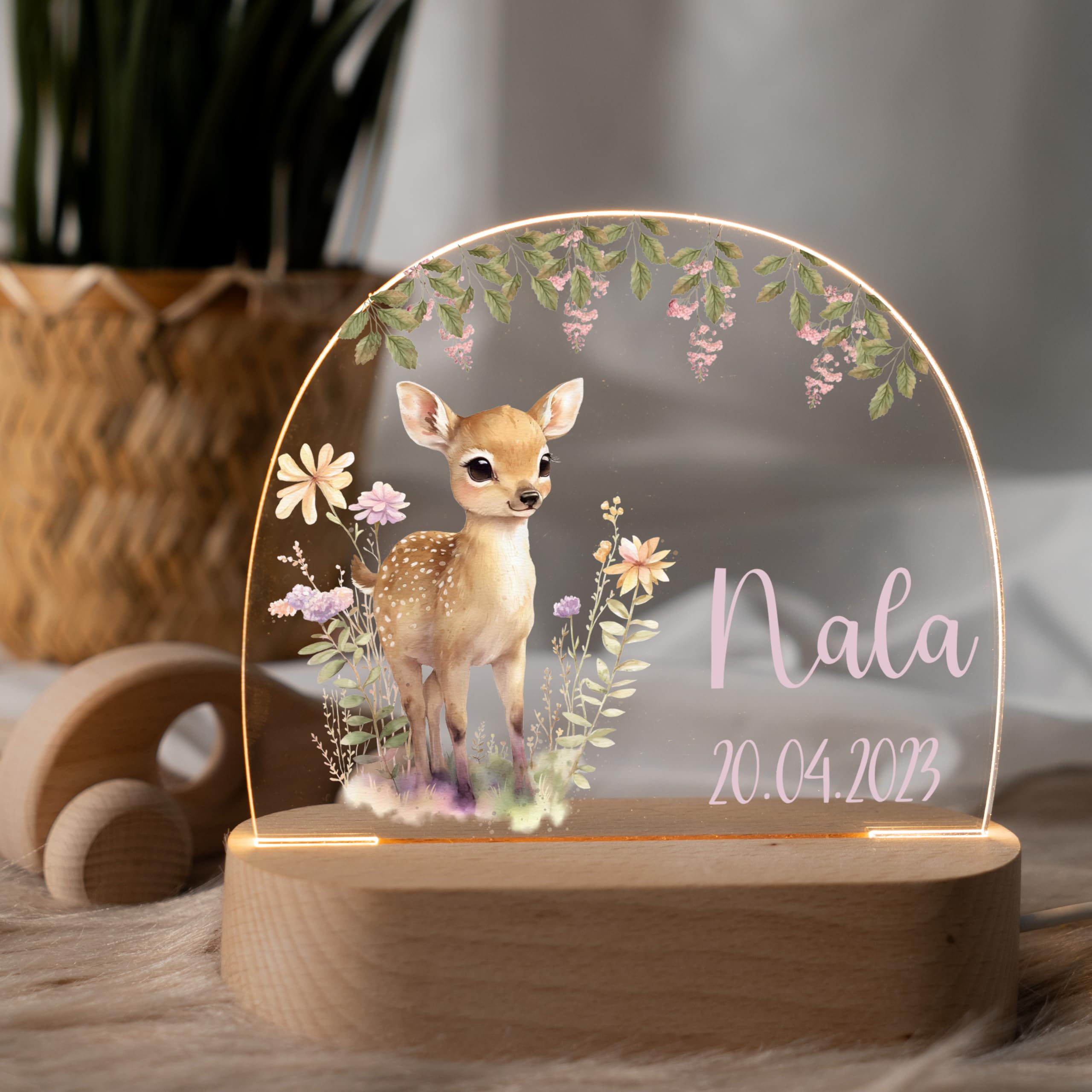 Kidsmood - Nachtlicht Baby - Personalisiertes Nachttischlampe mit Name & LED Stillicht Kinderzimmer, dimmbar - Geschenk zur Geburt, Taufe & Geburtstag für Mädchen & Jungen [Fuchs Floral]