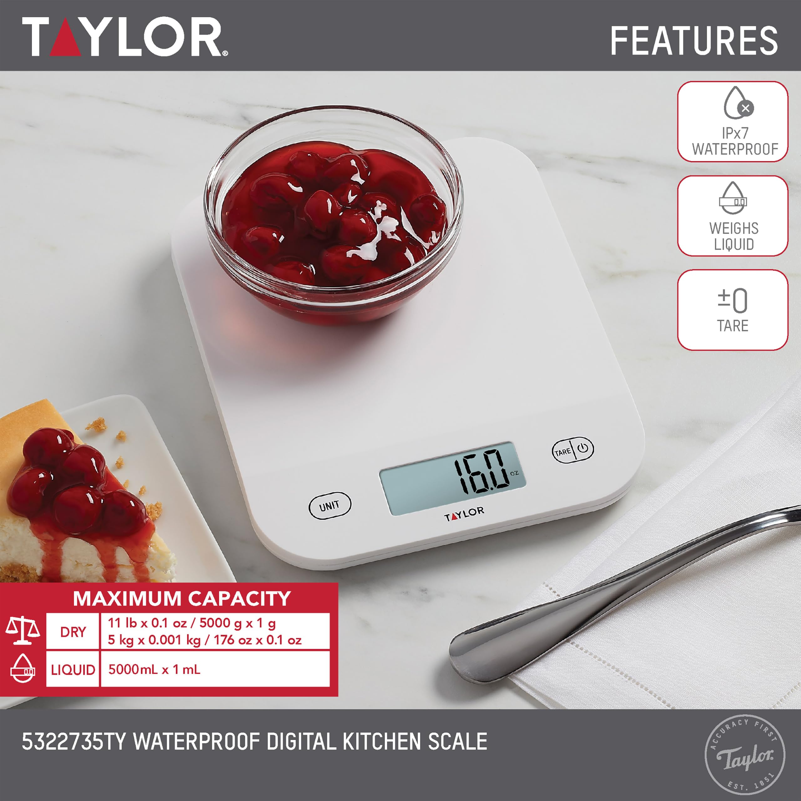 Taylor Báscula digital de cocina, impermeable, capacidad de 5 kg, con función de tara, mide ingredientes secos y líquidos, baterías incluidas, báscula digital de alimentos para hornear, cocinar y