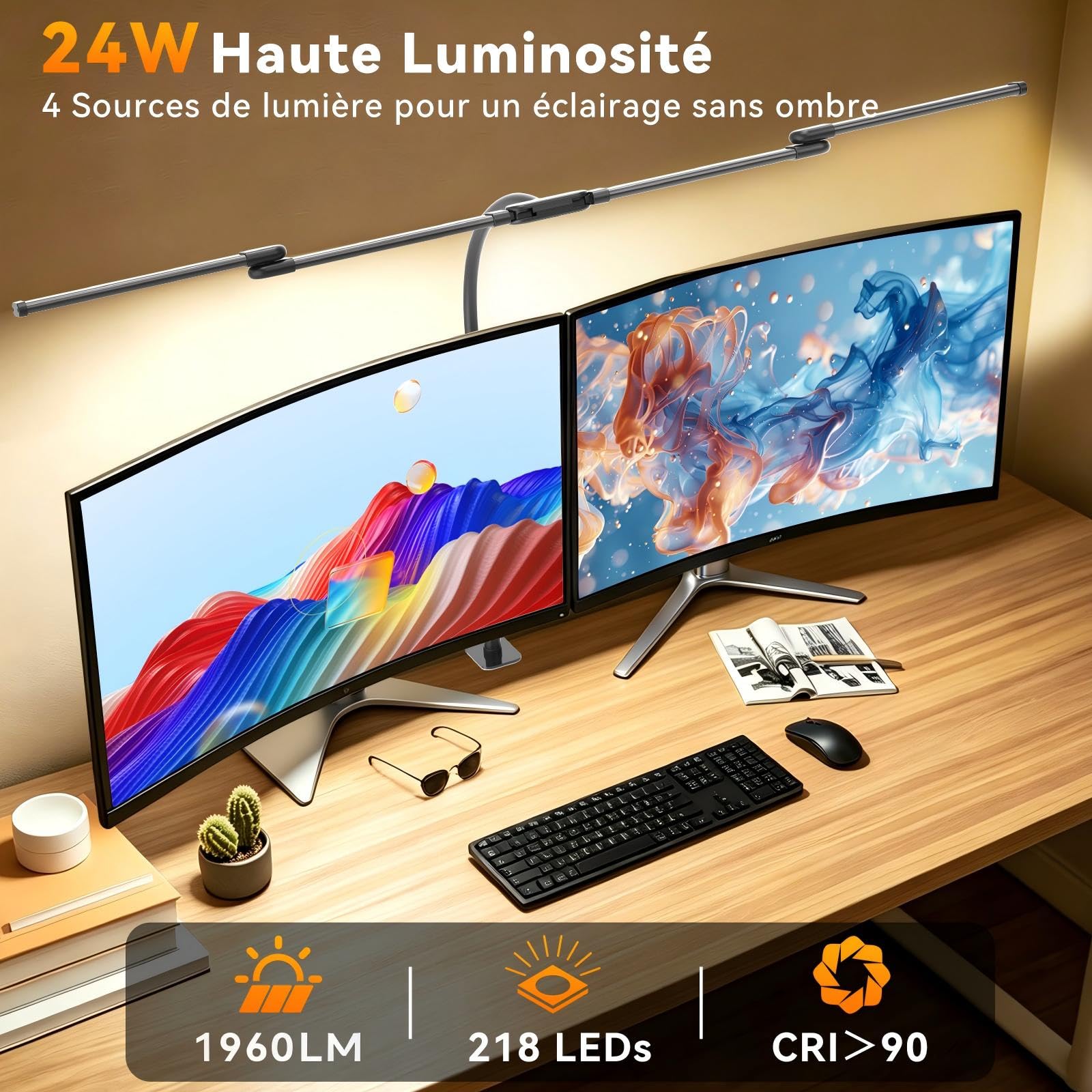 Lampe de Bureau LED Dimmable, 118cm 4 Barres Lampe à Pince, 24W 1960LM Lampe Bureau à Col de Cygne, Protection des Yeux, 5 Couleurs & 10 Luminosités Lampe Puissante pour Écran Dessin Couture