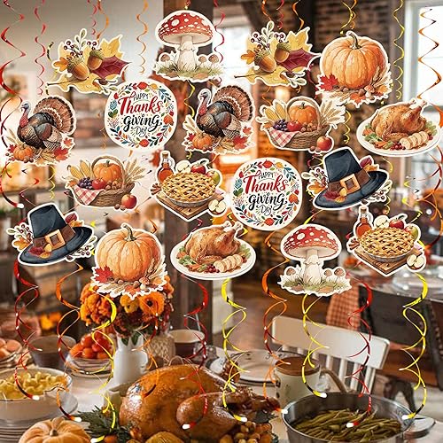 Miniatura 7 de Juego de decoraciones de fiesta de remolinos colgantes de Acción de Gracias, 48 piezas, tema de otoño, calabaza, hoja de arce, pavo, suministros