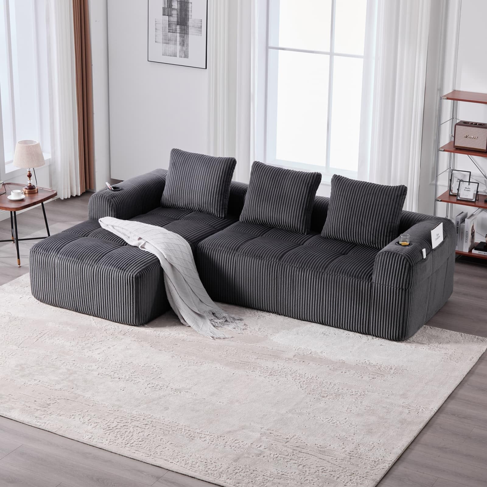 KOMHTOM Canapé Modulaire en Velours Côtelé avec Porte-gobelet, Coussin, Canapé Profond Confortable Moderne pour Salon, Bureau (C-Gris)