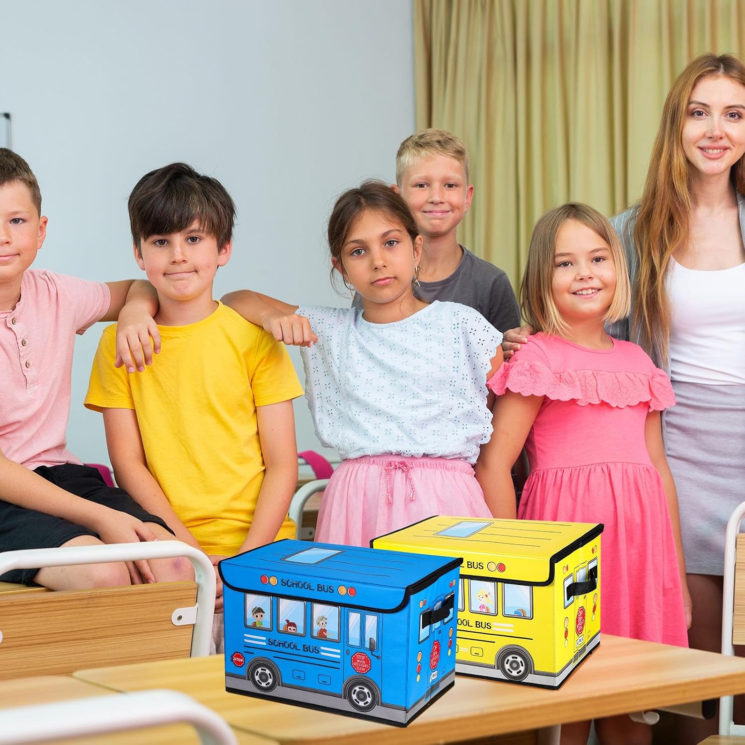 Sweetude 2 Pcs School Bus Treasure Box for Classroom, Yellow, Blue image 5