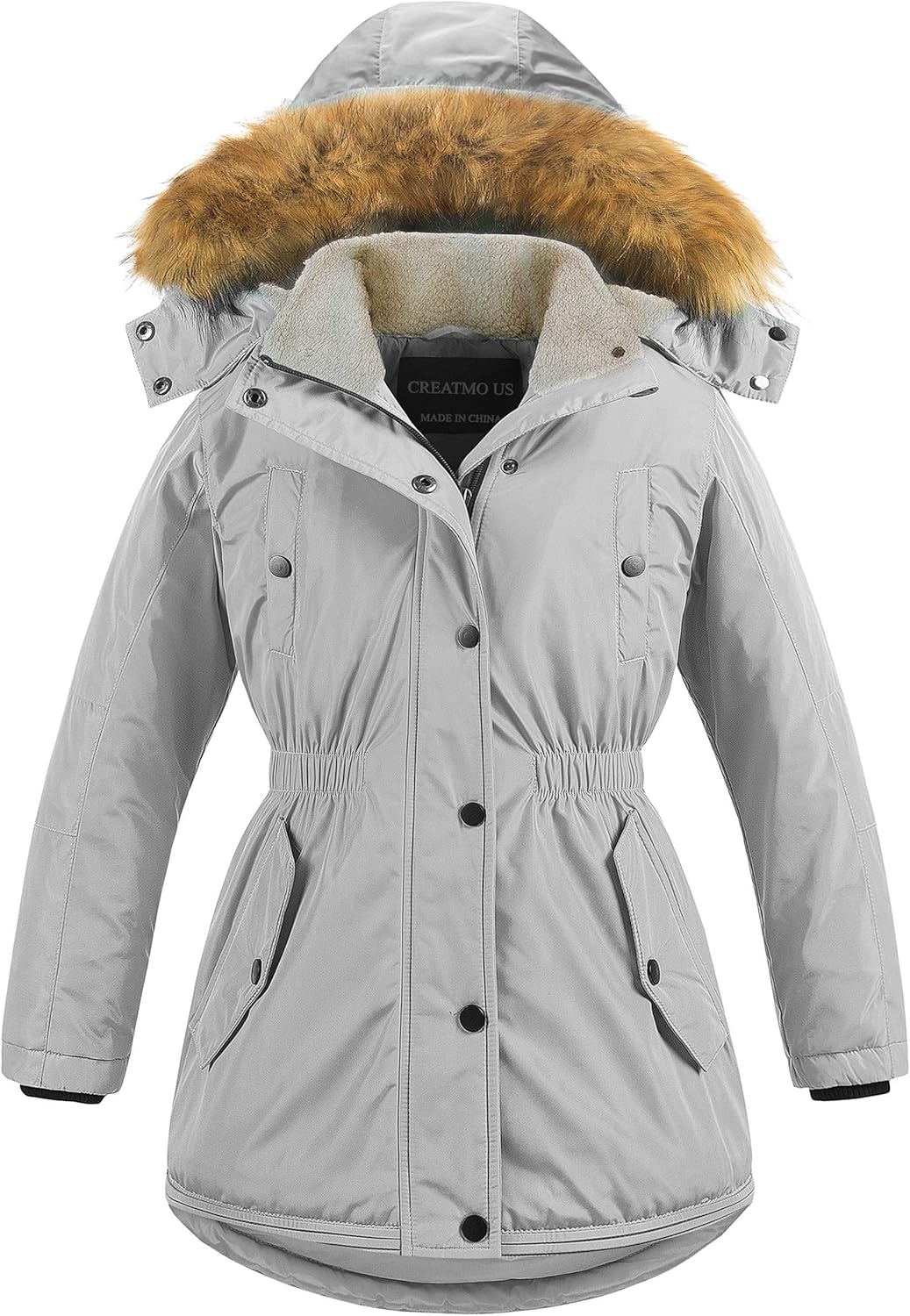 CREATMO US Girl's Long Winter Warm Parka Sherpa Trimmed Collar Puffer Ski Jacket Coat