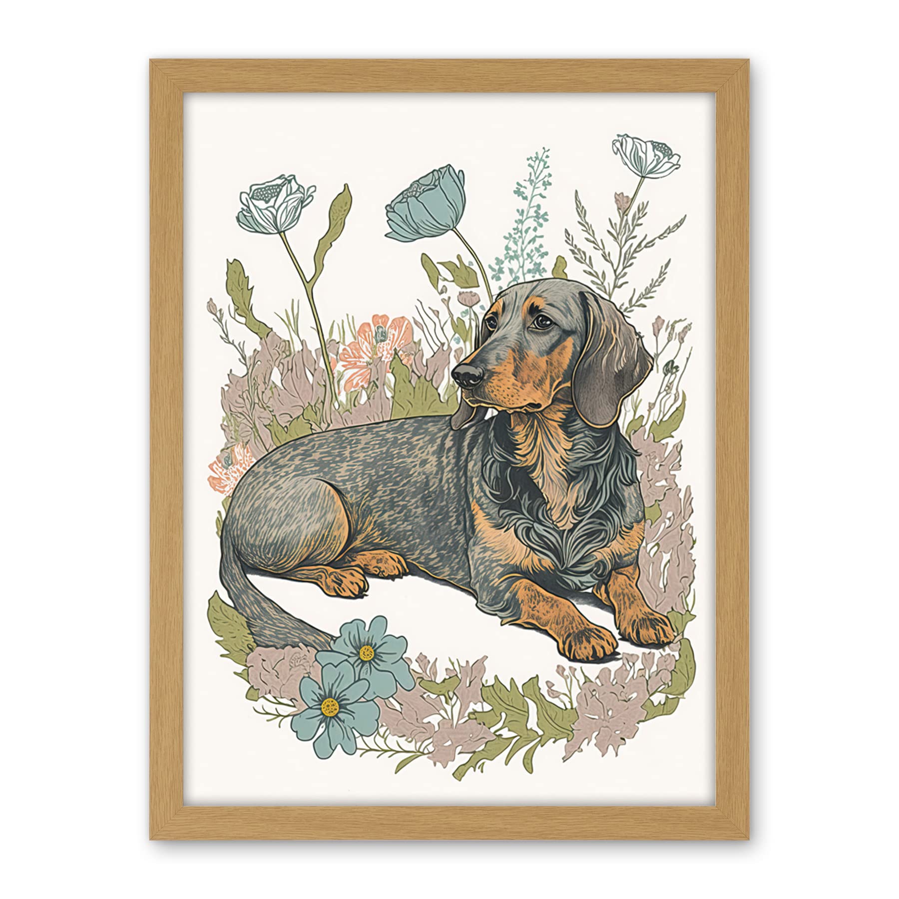 Artery8 Dachshund Dog Lying in Flower Field Pastel Watercolour Illustration Artwork Framed Wall Art Print 18X24 Inch
