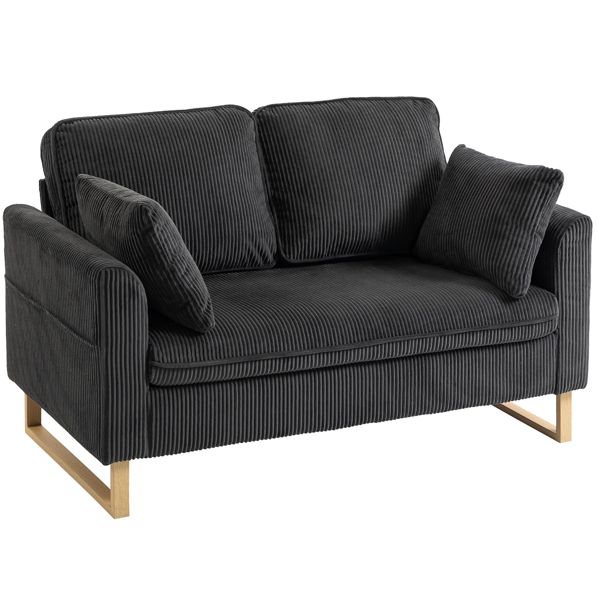 HOMCOM 2 Seater Sofa, 140 cm Corduroy Upholstered Loveseat Sofa with Spring Cushions, Metal Legs, 2 Pillows for Living Room, Bedroom, Home Office, Studio, Dark Grey
