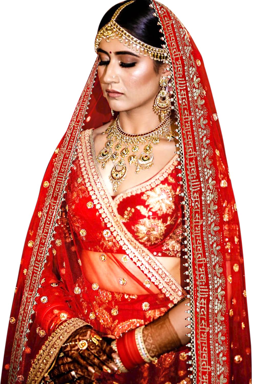 kaevion 2.5M Red Net Sada Saubhagyawati Bhav Bridal Wedding Dupatta With Sequins Kiran lace | Bridal Women's Net Dupatta | Traditional Dulhan Entry Chunni | Designer Contrast Dupatta for Lehenga Saree-picture-18