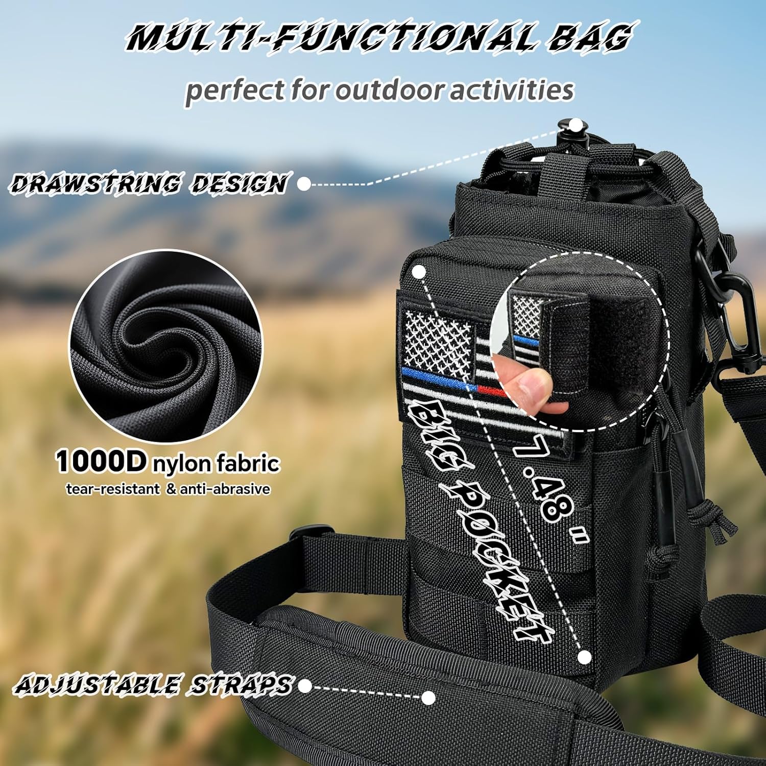 Water Bottle Holder with Strap - Tactical Insulated Water Bottle Sleeve with MOLLE System Water Bottle Cover Cross-Body Pouch for Walking Hiking Camping Gym 32oz&40oz - Image 2