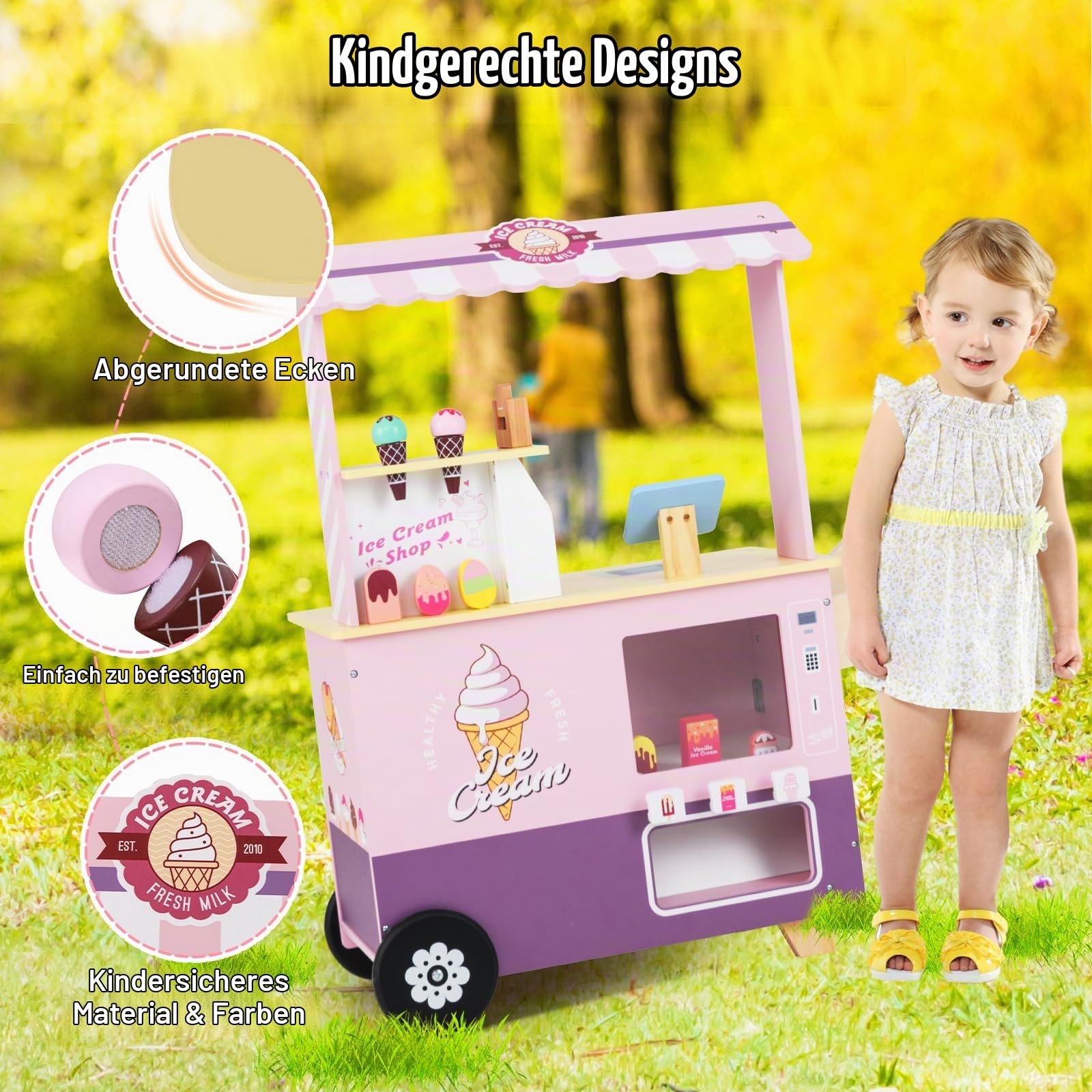 HOMASIS Kinder Eiswagen Holz mit 15 Zubehör, Kaufladen mit 6 Spielzeug-Eiscreme, Eismaschine, Verkaufsautomat, Kasse, Scanner, Eisdiele mit Rädern & Vordach, Verkaufsstand für Kinder ab 3 Jahre (Rosa)