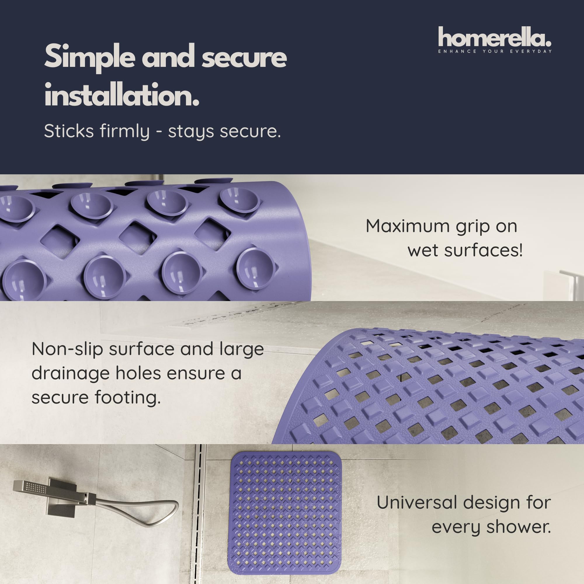 homerella® Shower Mat Non Slip Anti Mould 53 x 53 cm, INCL. Hooks for Drying Bath Mat Non Slip Anti Mould - Image 4