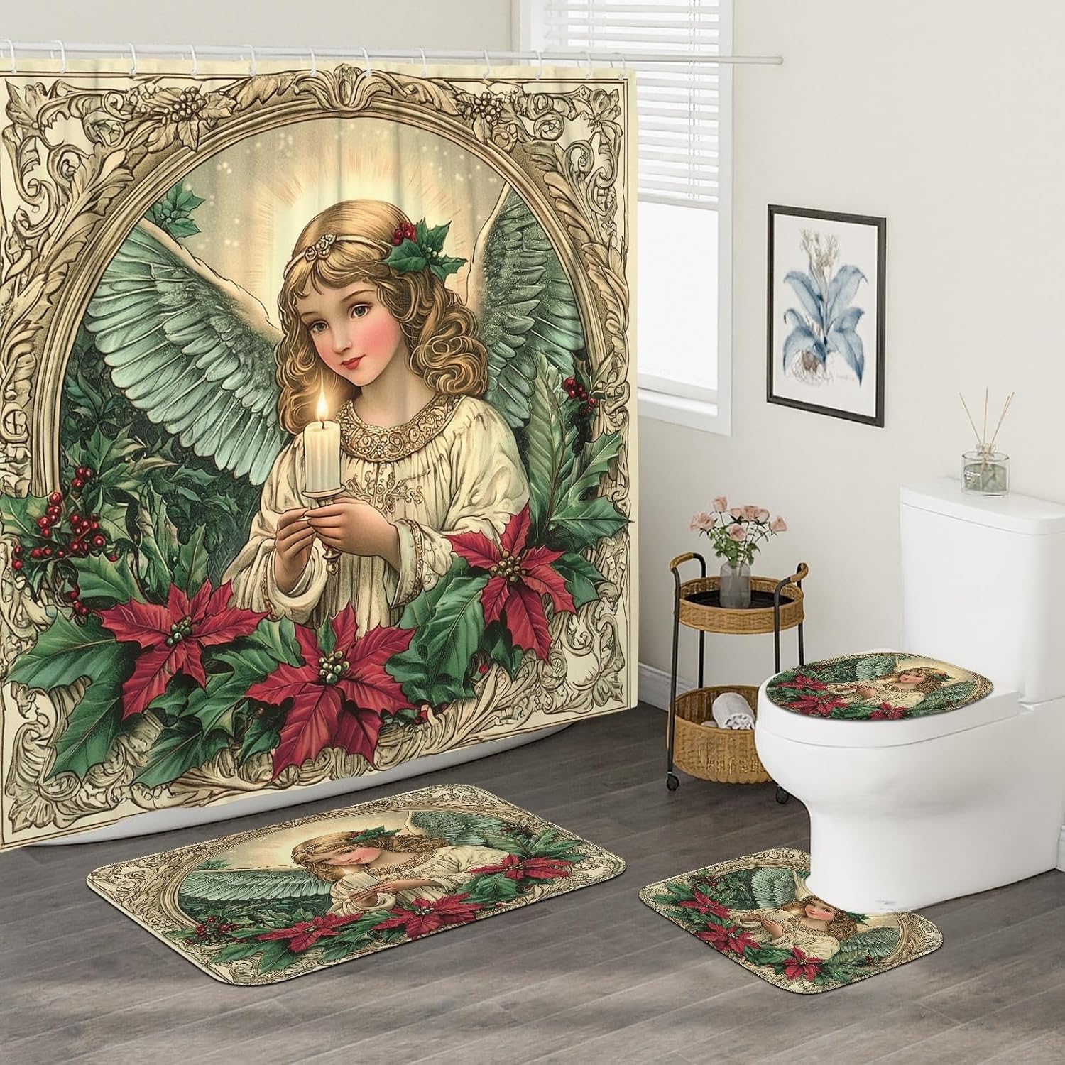4PCS Vintage Christmas Angel Bathroom Sets with Non-Slip Rug, U Shape Toilet Lid Cover Mat, Retro Xmas Poinsettia Bathroom Decoration 72''x72''