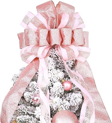 Decoración para árbol de Navidad de color oro rosa, 40 x 13 pulgadas con serpentina de malla satinada con purpurina y cinta estampada, lazo para
