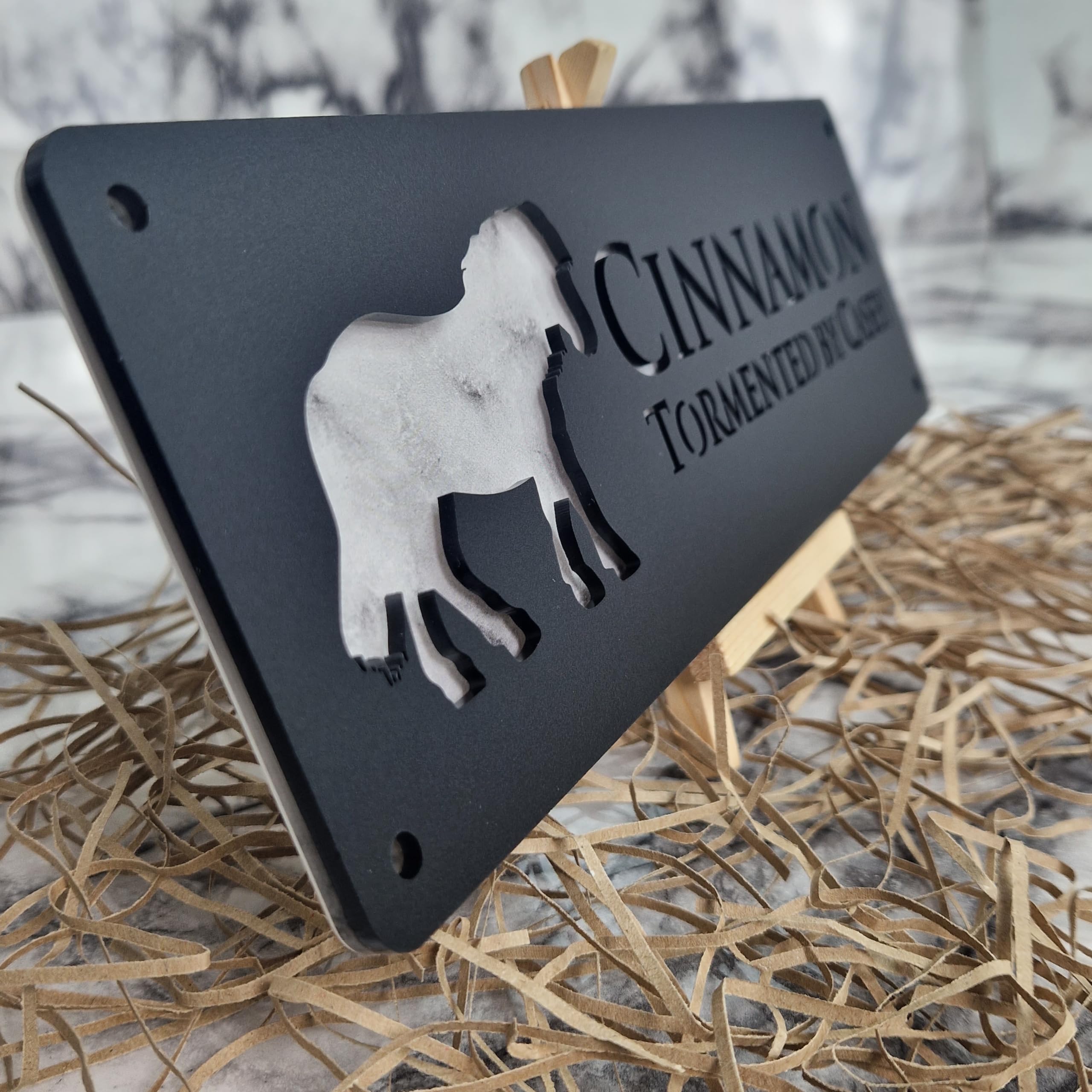 White Marble and Black Personalised Horse stable Pony laser cut name door plate sign (L4-Shetland Pony)