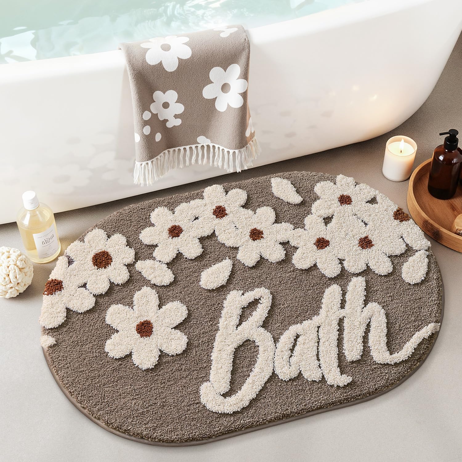 LUMI Cute Daisy Bathroom Rugs Non Slip with Rubber Backing, Ultra Soft, Absorbent Washable Bath Mat Quick Dry, Premium Microfiber Plush Carpet for Kids Room, Bedroom, 16"x24"