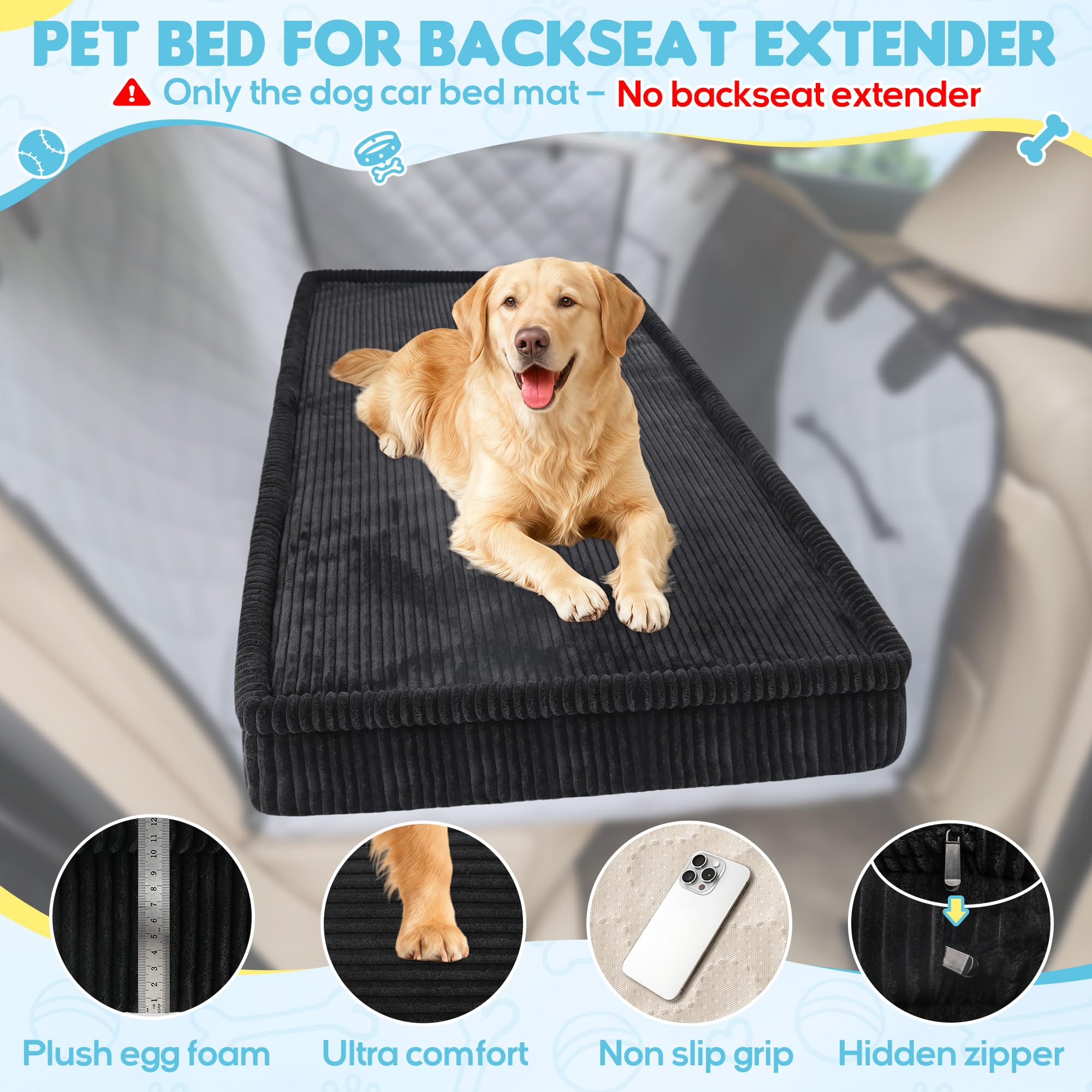 Loiion Thickened 4 in Orthopedic Dog Car Bed, Non-Slip Backseat Pet Mat, Removable Washable for SUVs/Sedans/Trucks, Plush Comfort for Large/Senior Dogs, Easy Clean (Black, XL（56" Lx28.7 M×4" H) - image 2