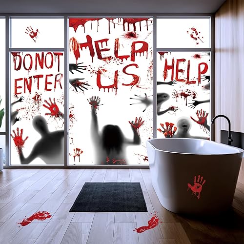 Miniatura 7 de Cubierta de ventana de Halloween sangrienta, decoración de póster de puerta de Halloween, huellas de manos sangrientas, silueta aterradora,