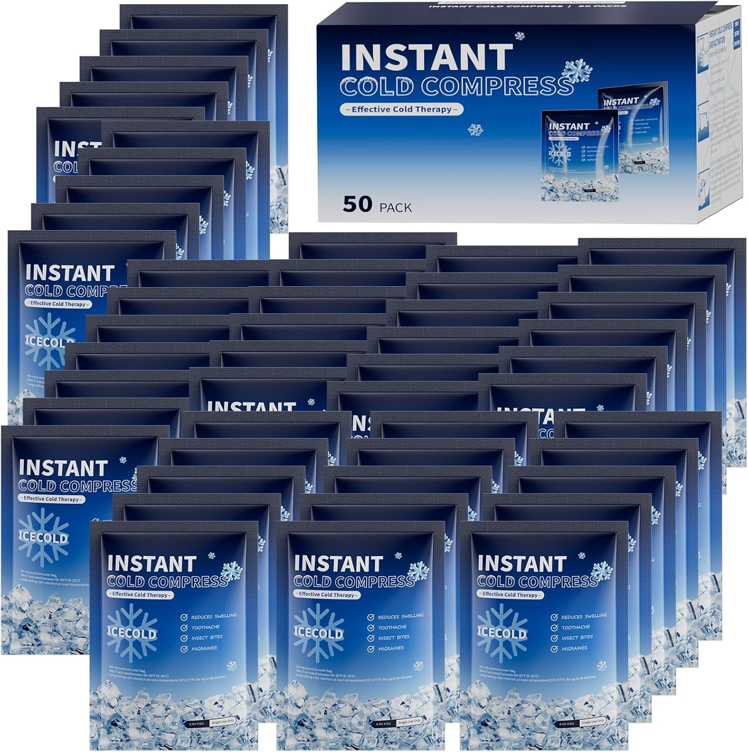 50 Instant Ice Cold Packs, 4.4" x 6" Disposable Ice Packs for Injuries, Pain Relief, No Freeze Needed Cold Compress for First Aid, Athletes Blue 50 Packs