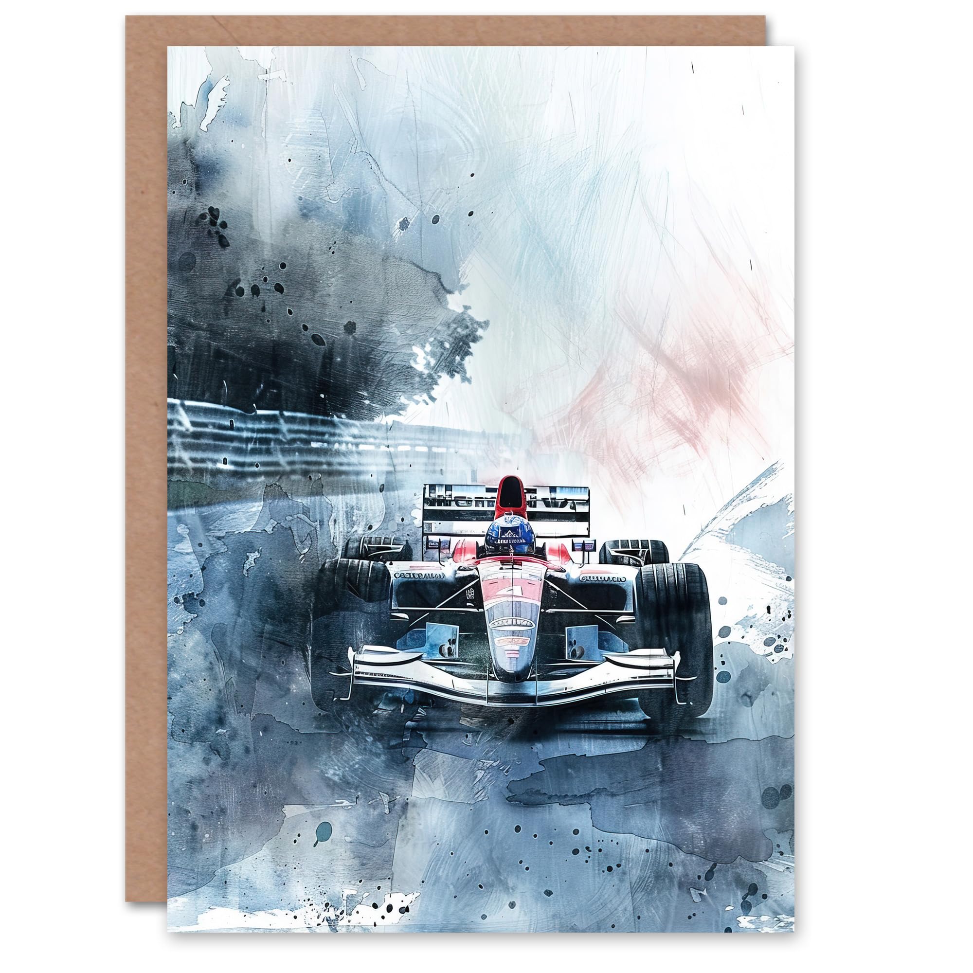 Artery8 Greeting Card Race Car Modern Watercolour Racetrack Action Shot For Him Man Birthday Card