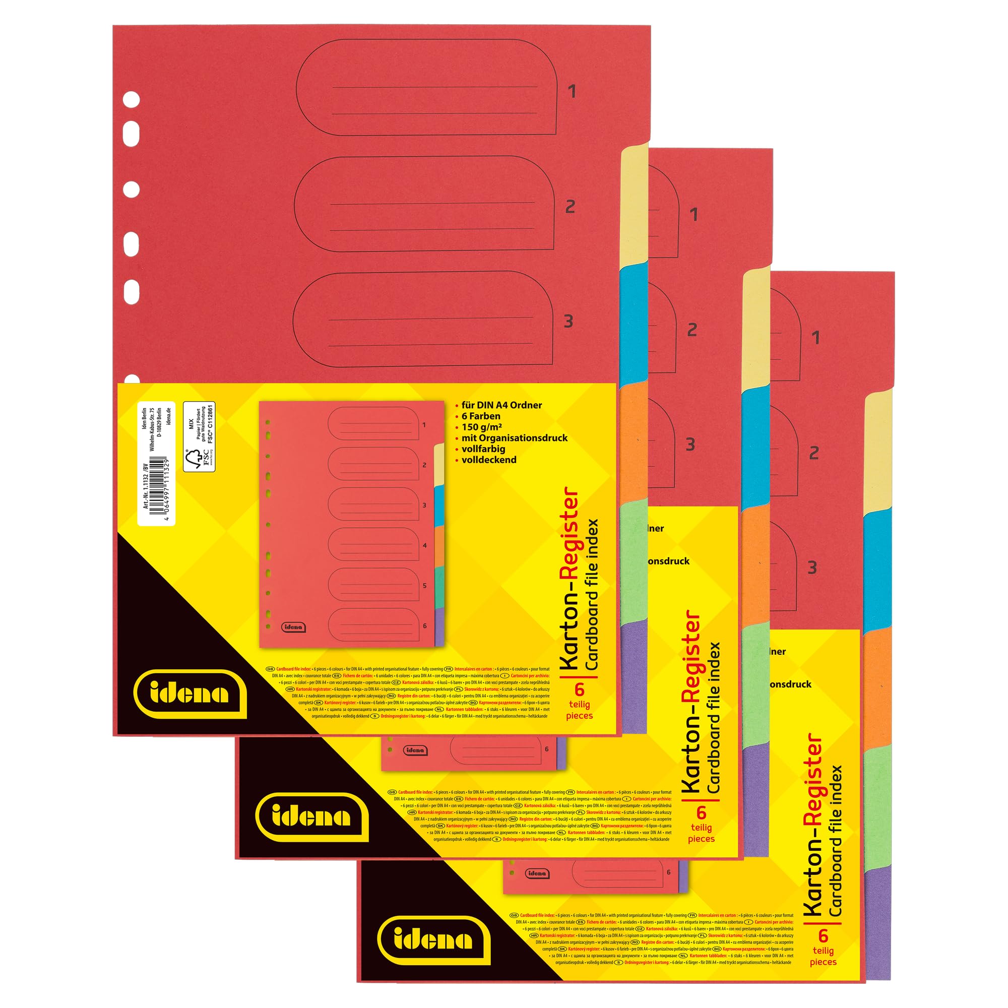 Idena 90266 - Karton-Register für DIN A4 Dokumente, 22,5 x 30 cm, 18 vollfarbige Trennblätter in 6 Farben, 150g/m², Organizer mit Eurolochung und Organisationsdruck