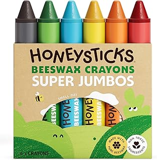 Honeysticks Super Jumbo Crayons (6 Pack) - 100% Pure Beeswax Crayons with Food Grade Colours, Non Toxic Crayons for Toddlers 1-3 Unbreakable, Extra Large, Easy to Hold and Use, Eco-Friendly