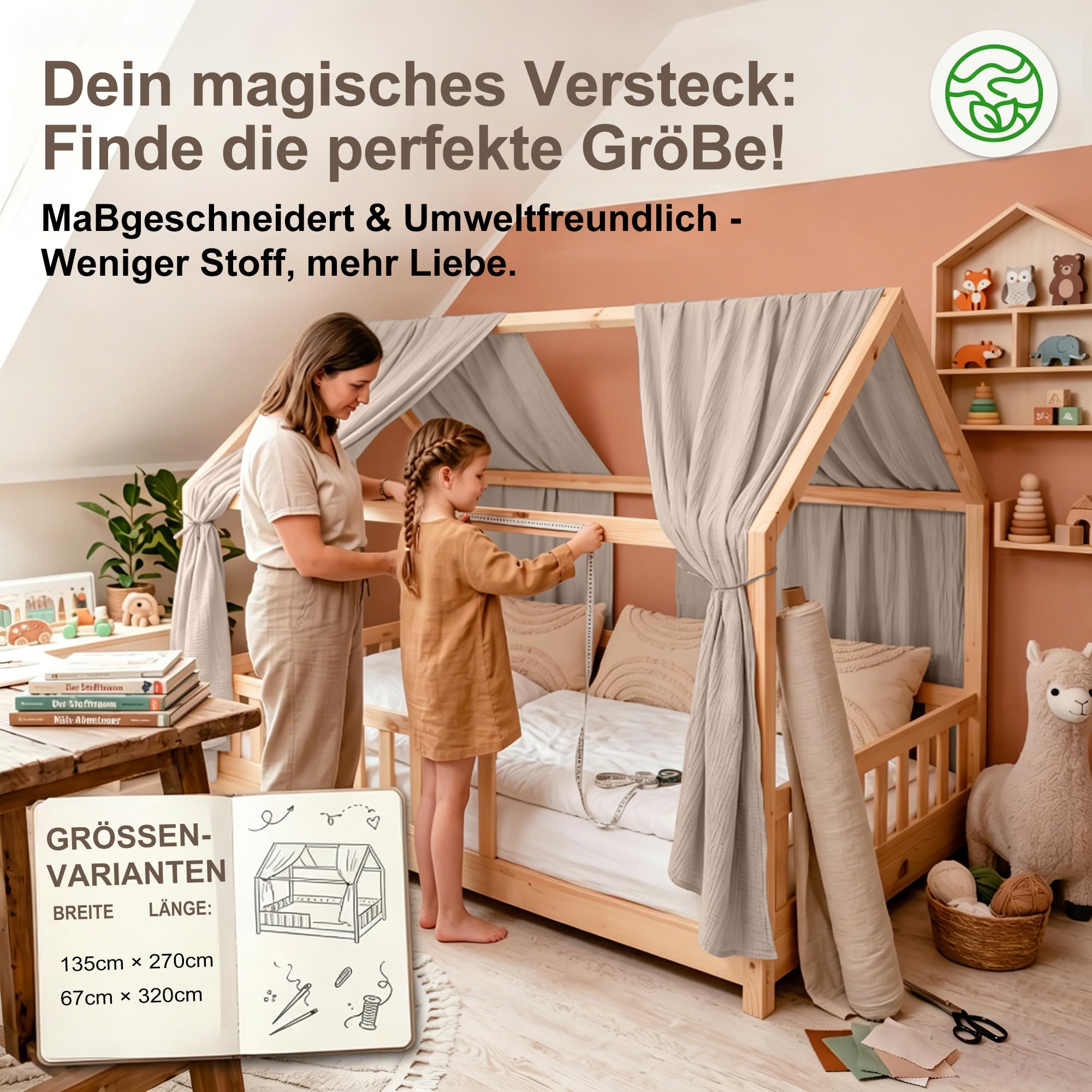 Hausbett Himmel Kinder Betthimmel Kinderbett mit 3m Wimpelkette, Hellgrau | Betthimmel Hausbett aus 100% Baumwolle Musselin - Stoffhimmel für Hausbett Deko Mädchen & Jungen - Himmel für Hausbett Kinder