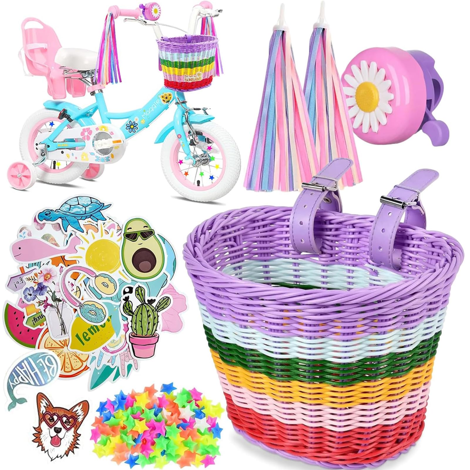 Panier de vélo pour enfant - Panier de vélo avant pour enfants - Avec sangles en polyuréthane, autocollants, glands de vélo et sonnette de vélo - Accessoires de vélo pour enfants - Couleur arc-en-ciel