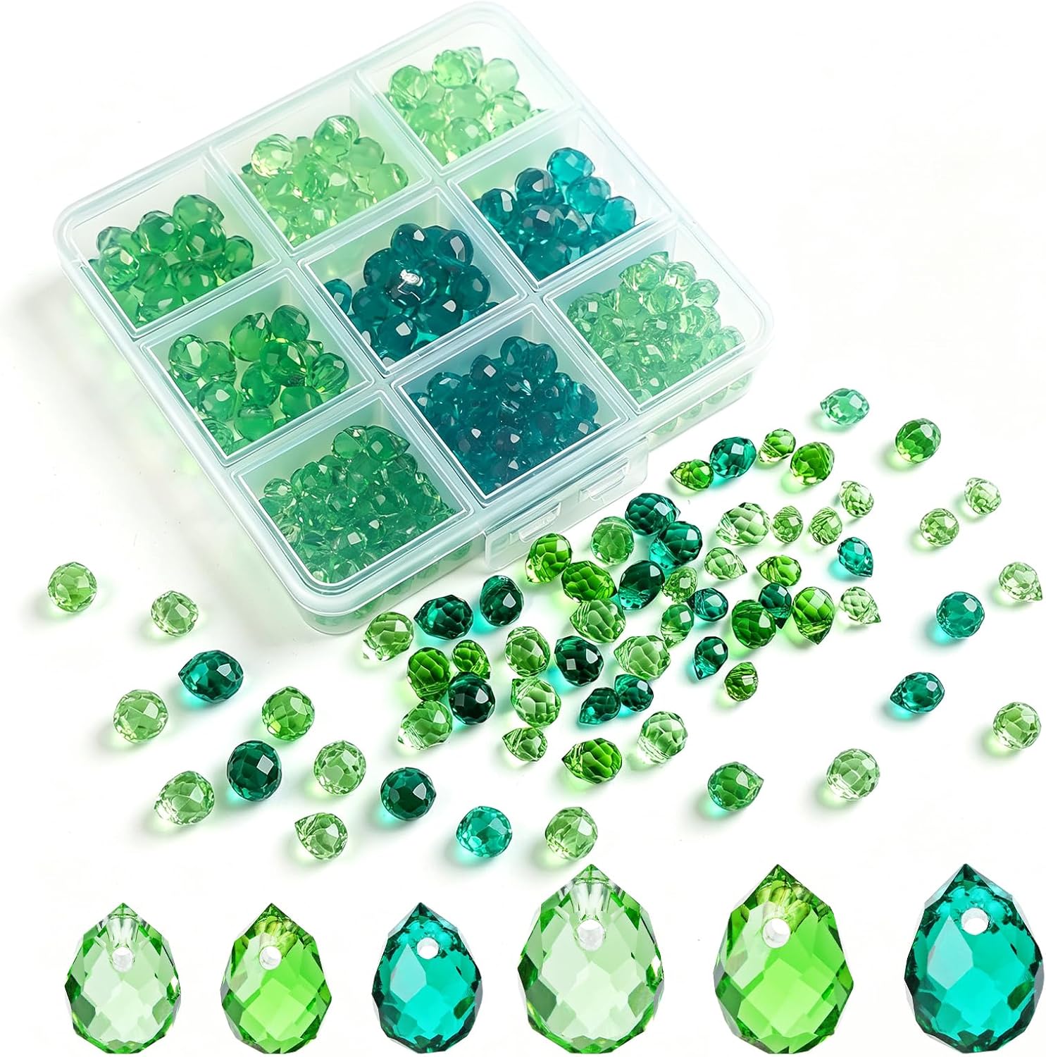 LONGWIN 1020pcs Green Glass Beads for Beaded Plants, Assorted Faceted Crystal Teardrop Rondelle Briolette Bicone Beads for Jewelry Making Suncatcher