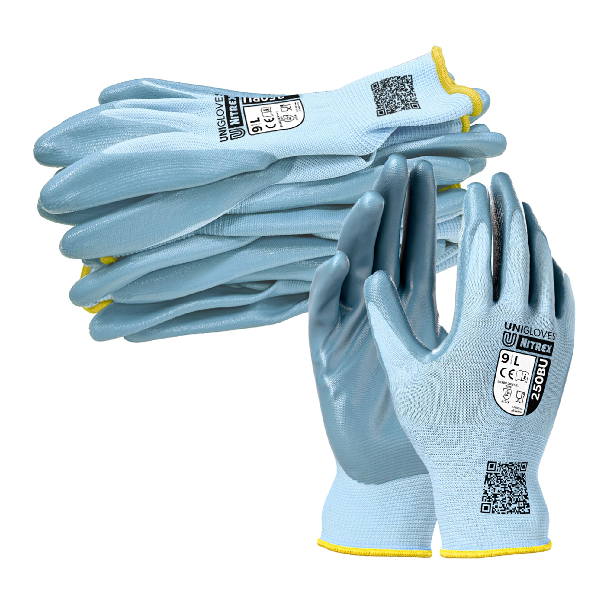 10 Paires Gants De Travail Nitrex 250 - Enduit Nitrile, Protection Mécanique/thermique - Taille 9