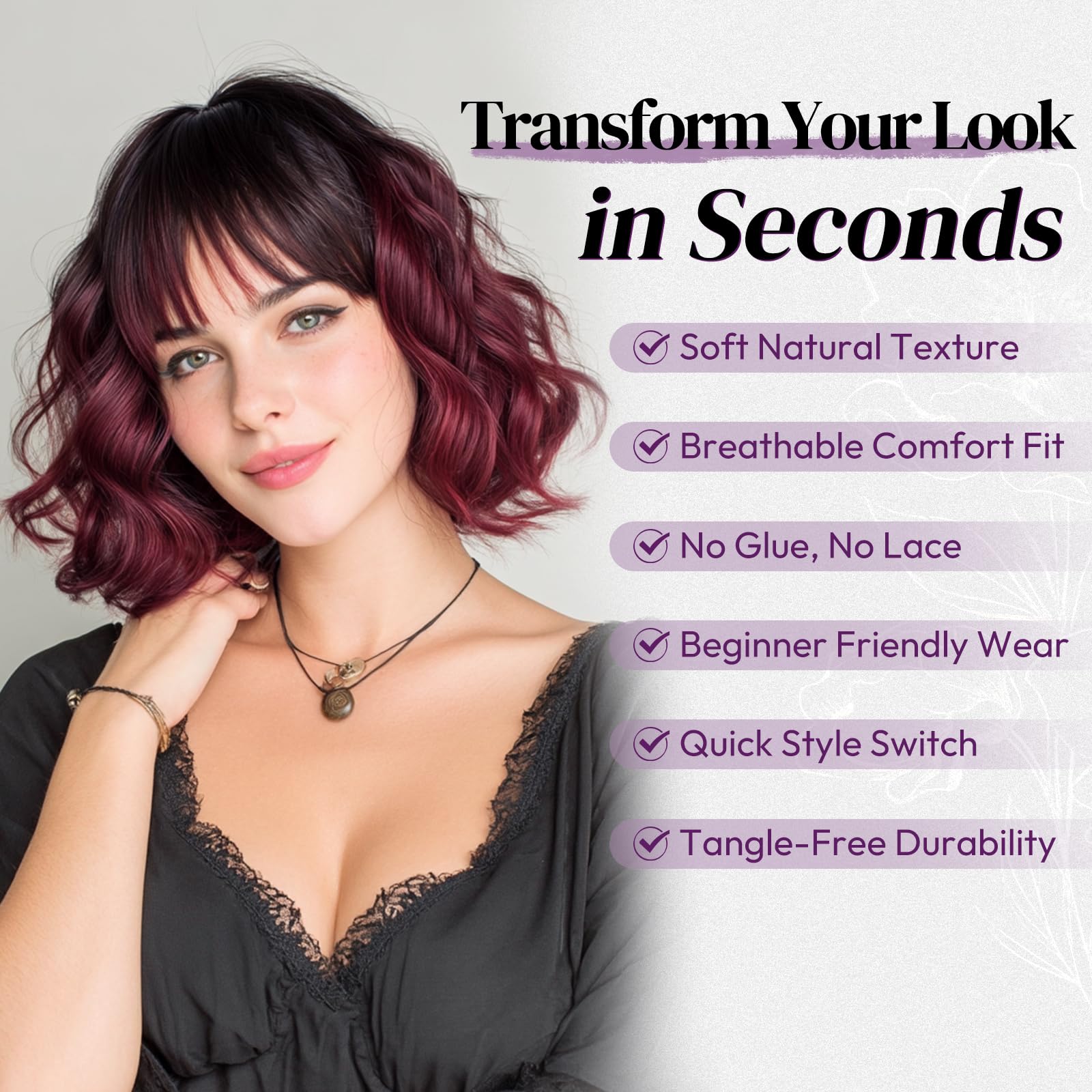 BARSDAR Short Wavy Ombre Red Wig with Bangs, Short Black to Red Ombre Bob Wigs for Women - Image 4