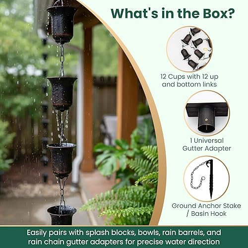 Miniatura 6 de OUT ESSENTIALS - Cadena de lluvia de cobre de 11 pies con estaca de anclaje y adaptador de canalón, cadenas de lluvia para canalones para lluvia