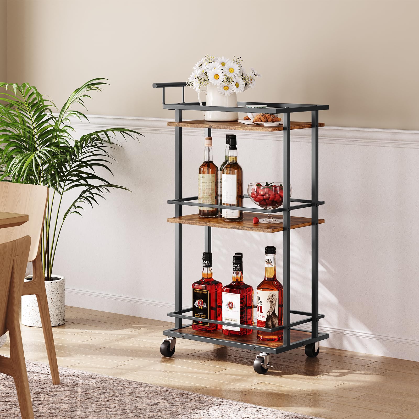 MAHANCRIS Rolling Cart, Mobile Kitchen Cart on Wheels, Narrow Storage Cart for Small Space, Wooden Serving Cart, for Kitchen, Dining Room, Living Room, Rustic Brown RCHR6901